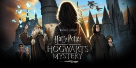Im Vordergrund sieht man die Umrisse eines Schülers von hinten, im Hintergrund das Schloss. Dazwischen verschiedene Charaktere der Spielwelt: Dumbledore, Snape und einige Schüler.