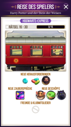 Darstellung der aktuellen Szene in "Reise des Spielers". Die aktuelle Szene ist der Hogwarts-Express, der die Rätsel 16-30 beinhaltet. Neue Herausforderungen sind Koboldsteine (blaue Perle), Berti-Botts-Bohnen und Hagrid. Als neuer Zauberspruch wird "Colo